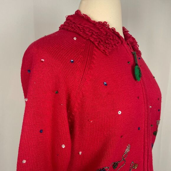 Ugly Christmas Sweater Size Large Red Zip Up Snowmen Winter Beaded Vintage Y2K - Picture 4 of 15